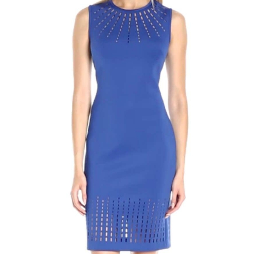 Calvin Klein Laser Cut Elegant Blue Sheath Sleeveless Dress Sz 4